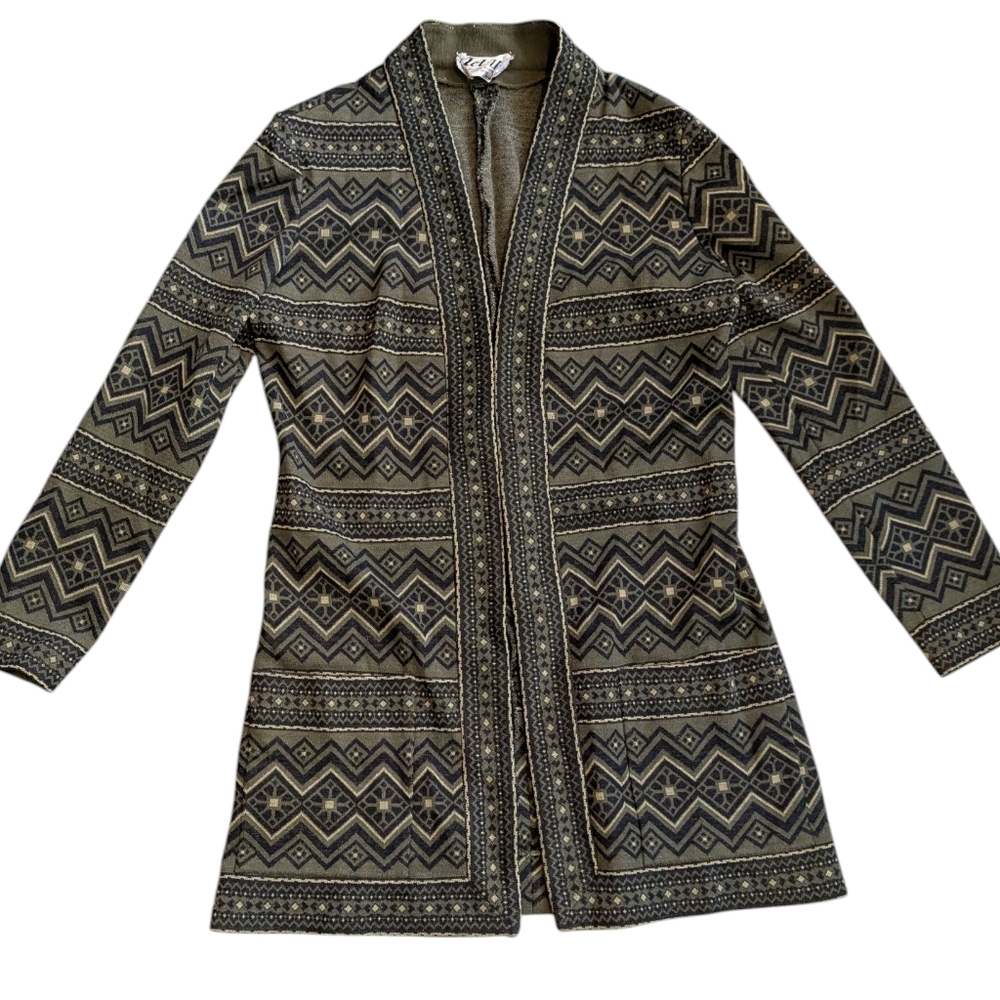 70s Vintage Women's Aztec Geometric Print‎ Open Front Cardigan Wool Sweater Boho